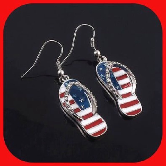 New Super Cute Patriotic Flip Flop 🩴 Rhinestone Earrings - Picture 1 of 8